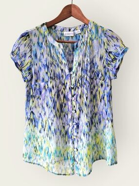 Liz Claiborne Blue & Yellow Printed Short Sleeve Blouse
